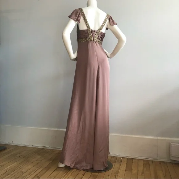 Marchesa Mauve Sequin Bugle Bead Silk Pleated Gown - Picture 4 of 7